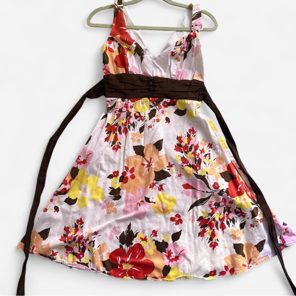Floral V-Neck Summer Dress with Brown Waist Tie